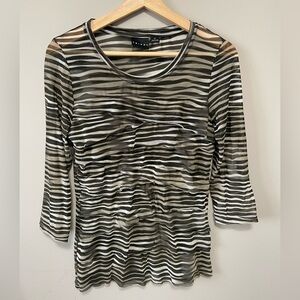 Tribal Olive and Black Zebra-Stripe Mesh Long Sleeve Top